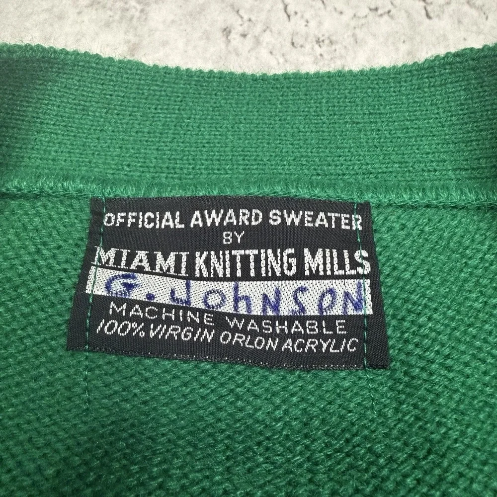 Vintage 70s Miami Knitting Mills Varsity Letterman Cardigan Green XL Sweater